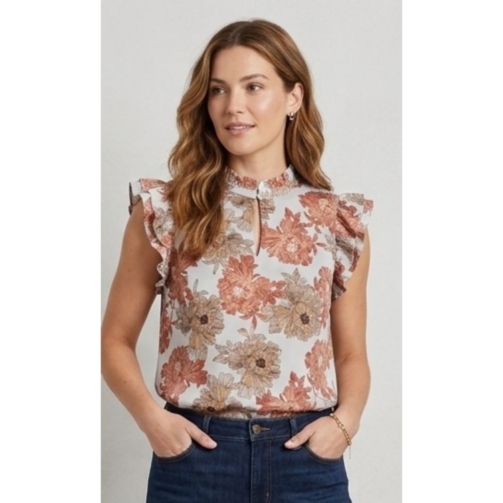 Express Floral Flutter Sleeves Keyhole Front Blouse
